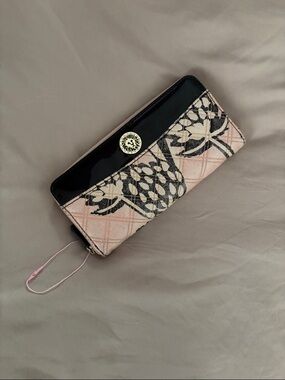 Anne Klein Pink and Black Patterned Zip Wallet with Gold Accent